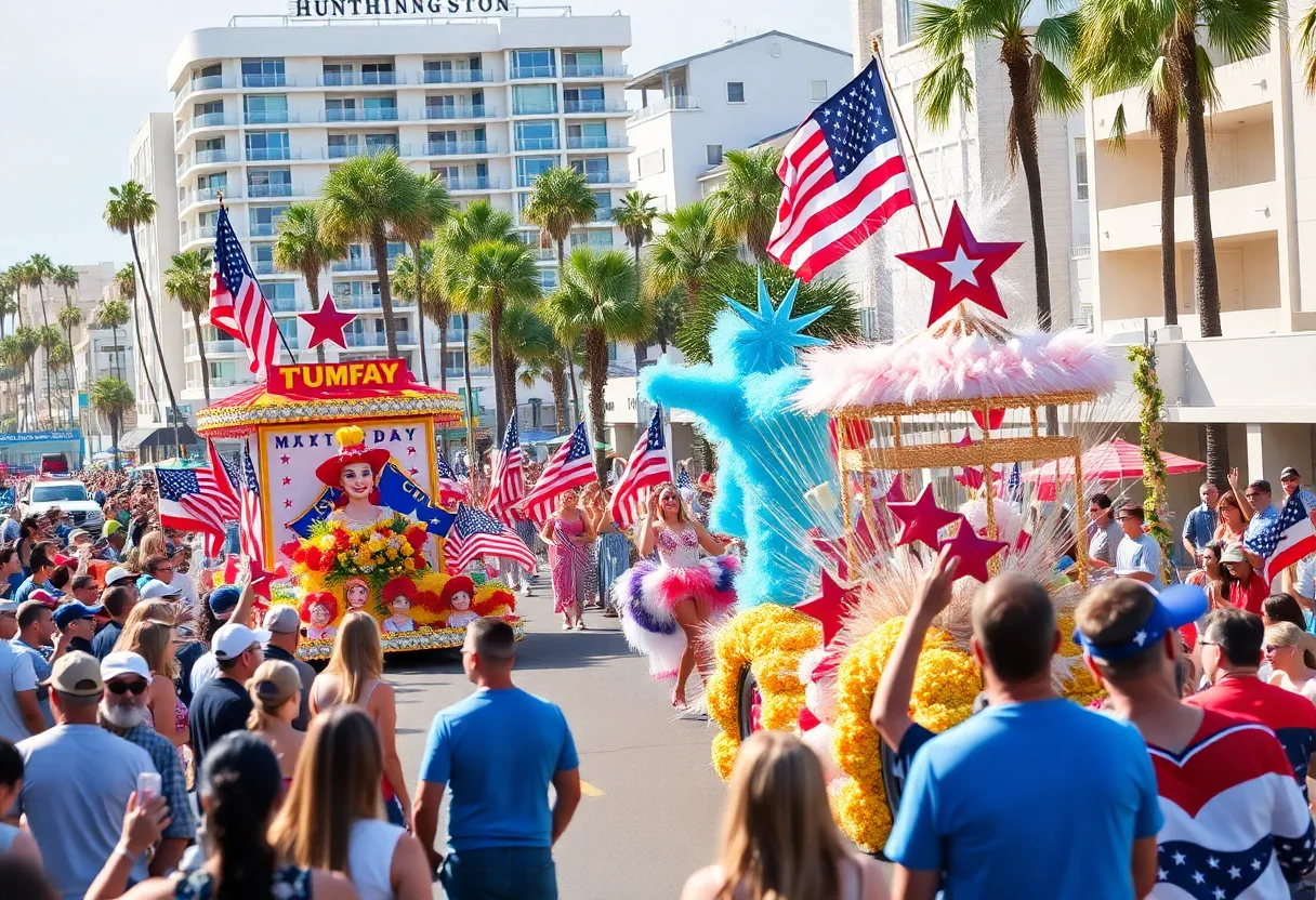 Parade participants and spectators celebrating the Fourth of July in Huntington Beach