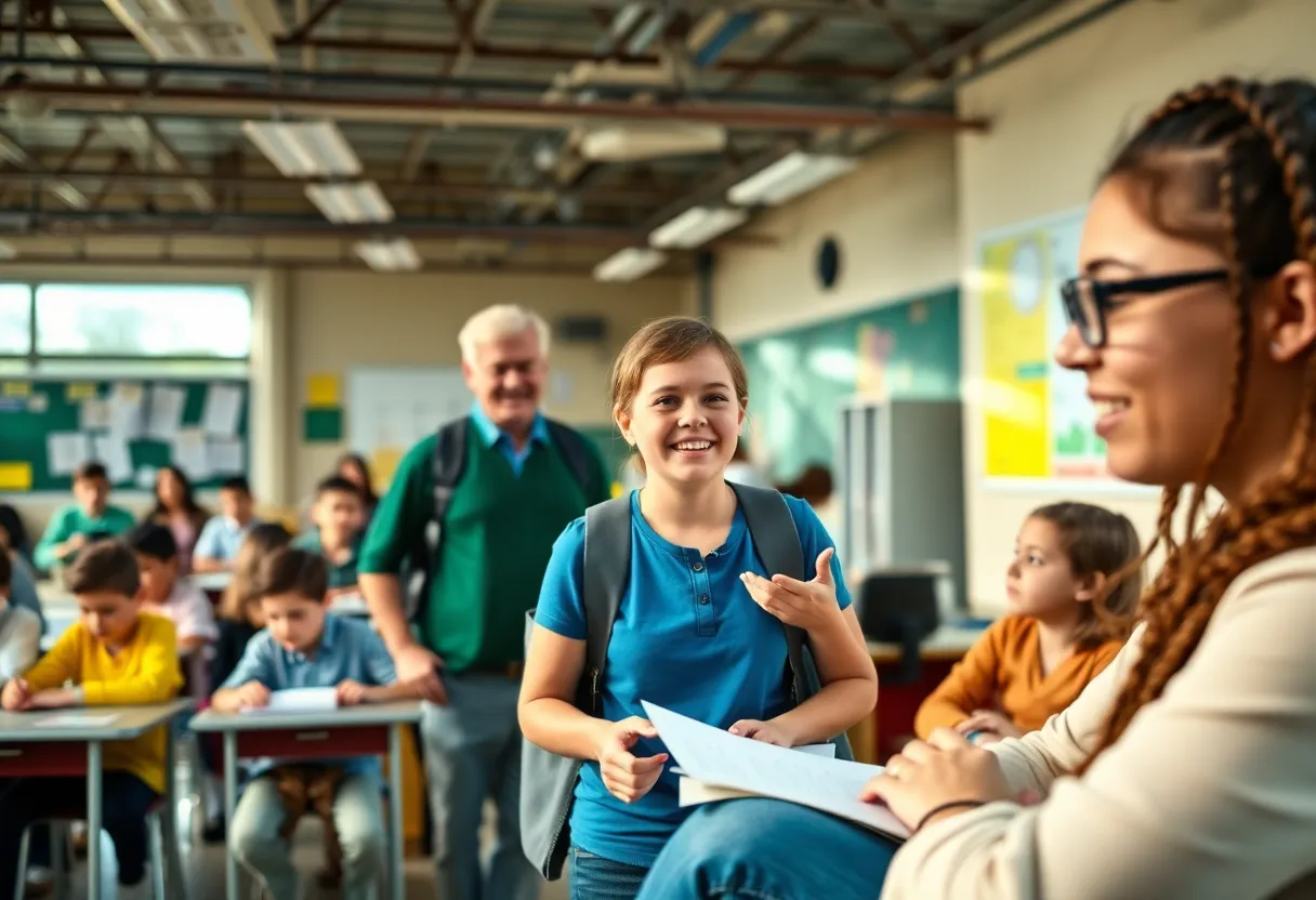 Students and teachers engaging in a lively school environment