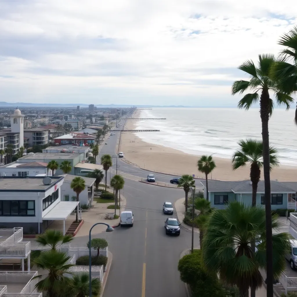 A scenic view of Huntington Beach with a backdrop of legal documents symbolizing community safety and governance struggles.