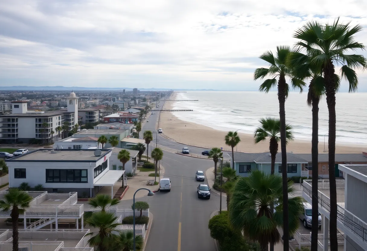 A scenic view of Huntington Beach with a backdrop of legal documents symbolizing community safety and governance struggles.