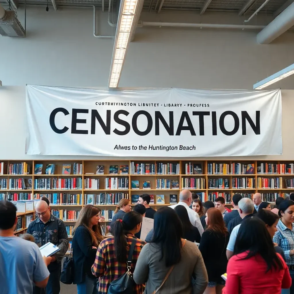 Community members discussing library censorship in Huntington Beach