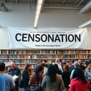 Community members discussing library censorship in Huntington Beach