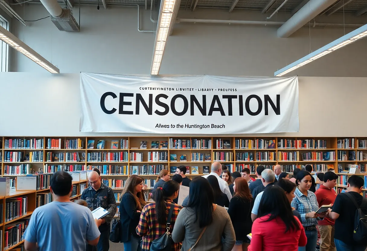 Community members discussing library censorship in Huntington Beach