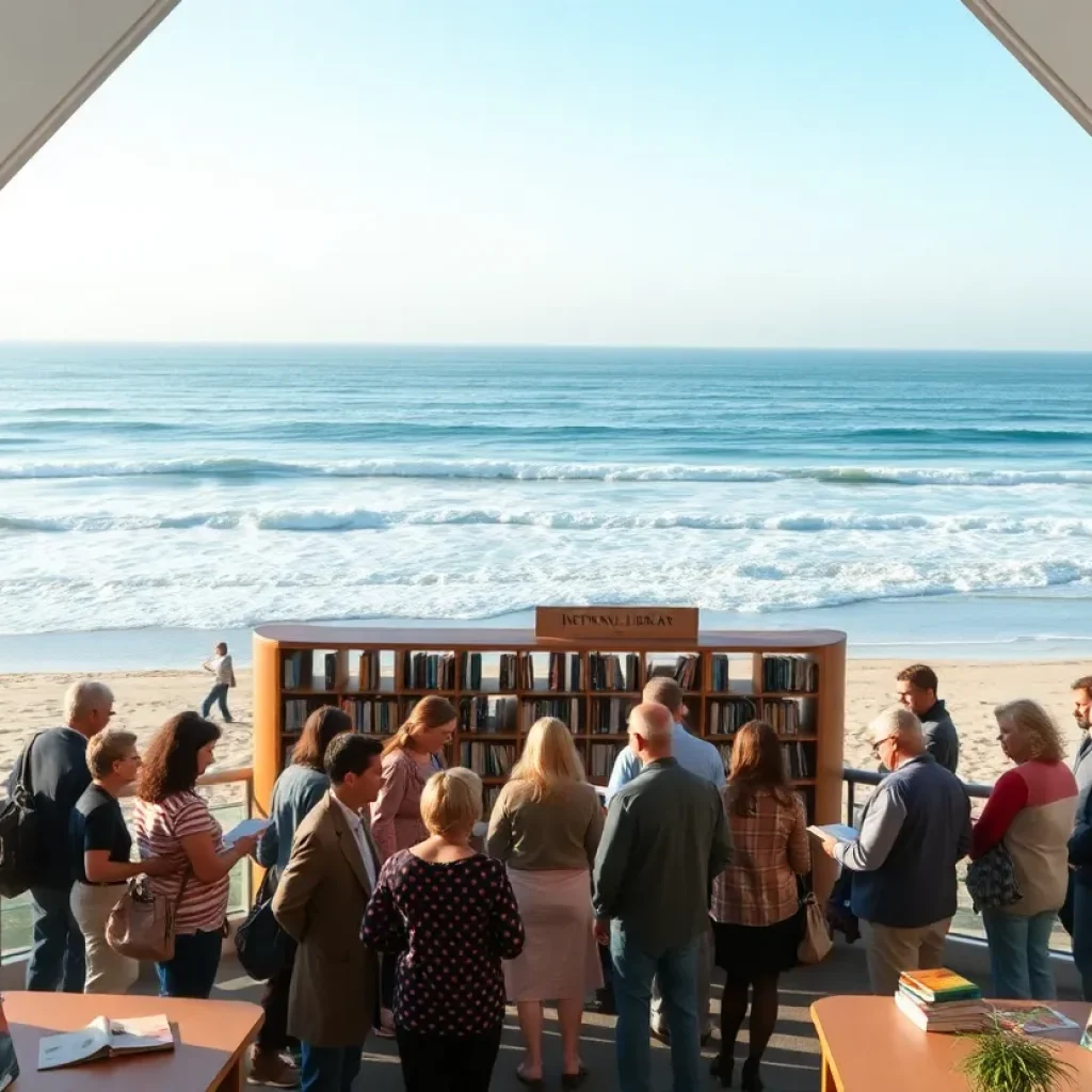 Huntington Beach Library with community members discussing literature