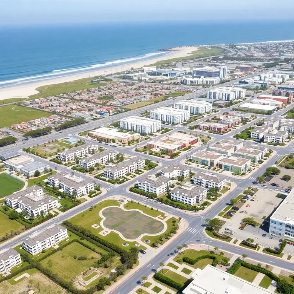 Render of Huntington Beach mixed-use development with residential units and green spaces