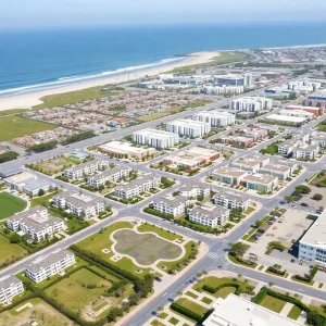 Render of Huntington Beach mixed-use development with residential units and green spaces
