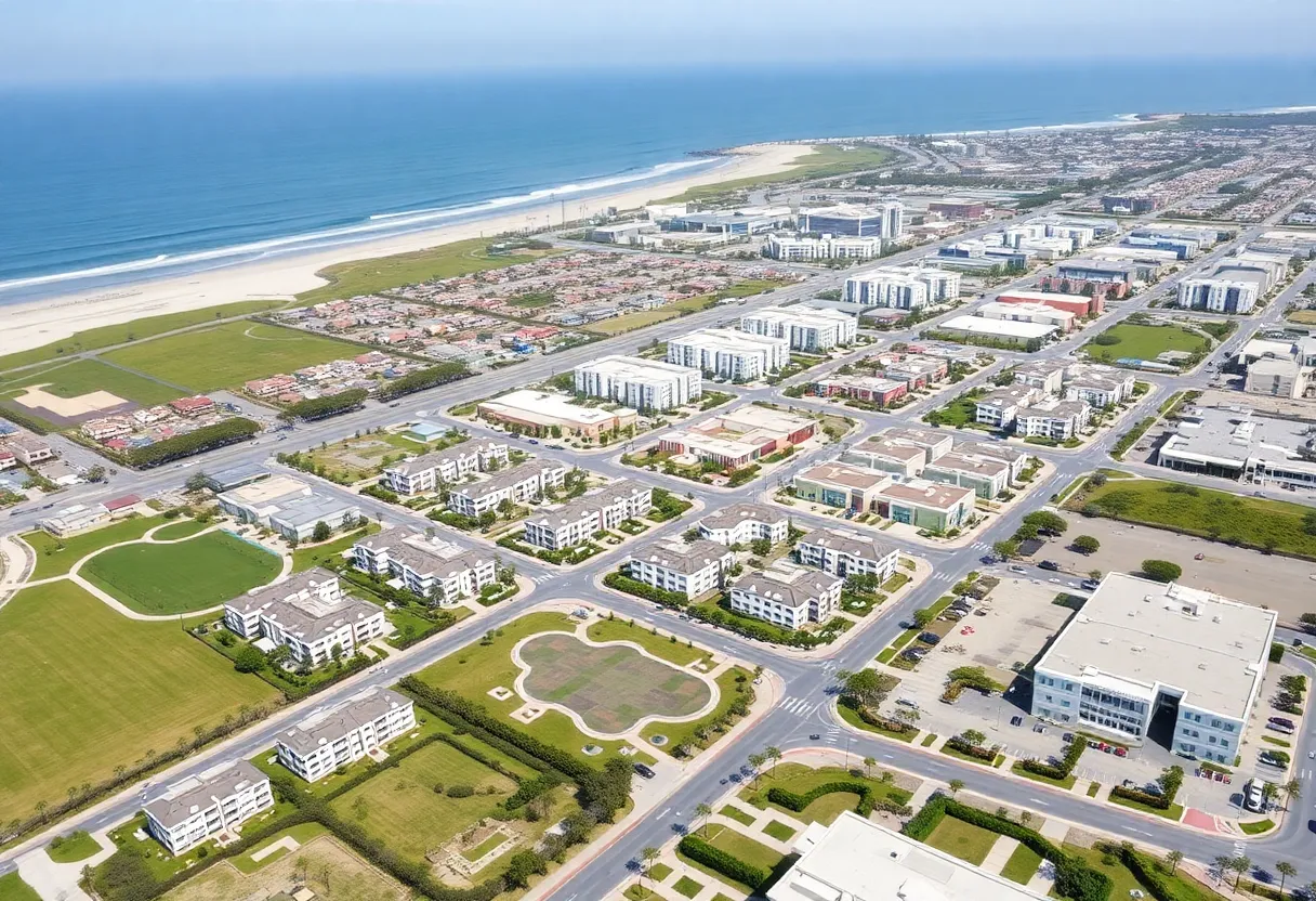Render of Huntington Beach mixed-use development with residential units and green spaces