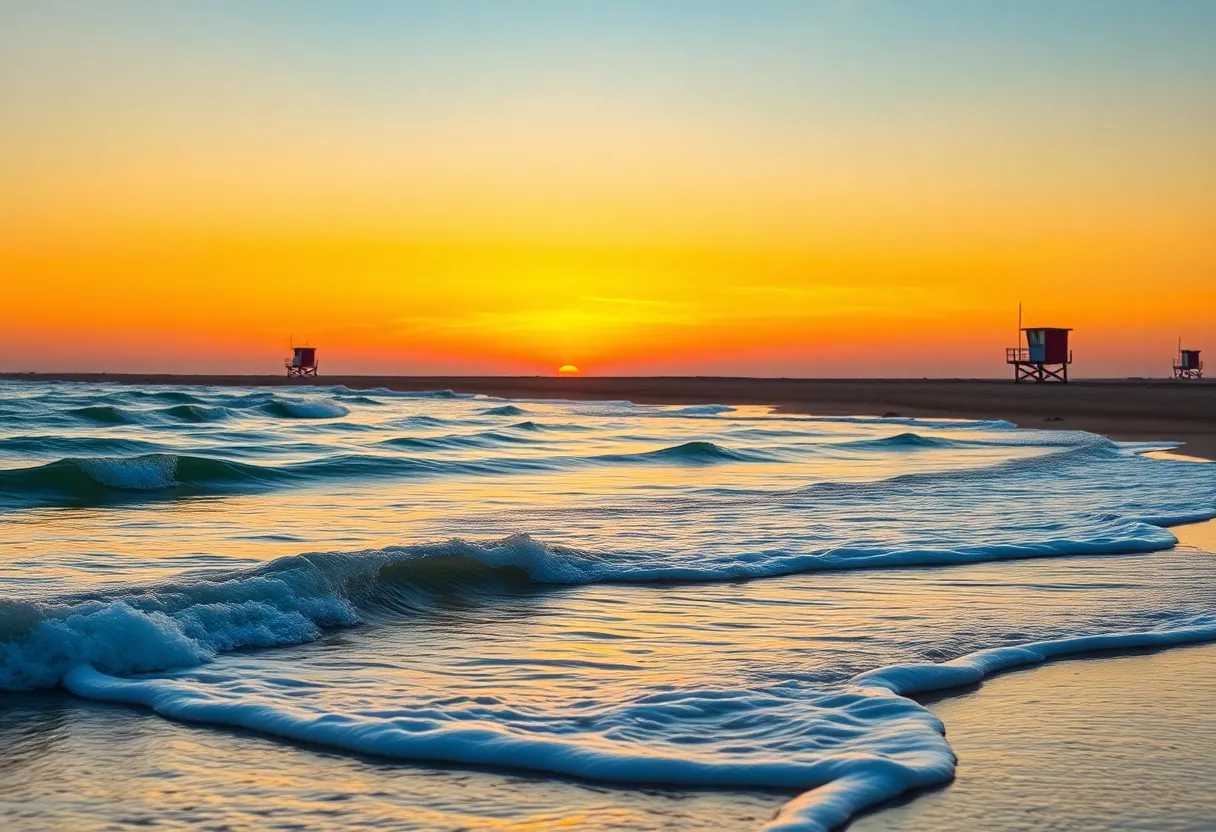Serene sunset over Huntington Beach with lifeguard tower