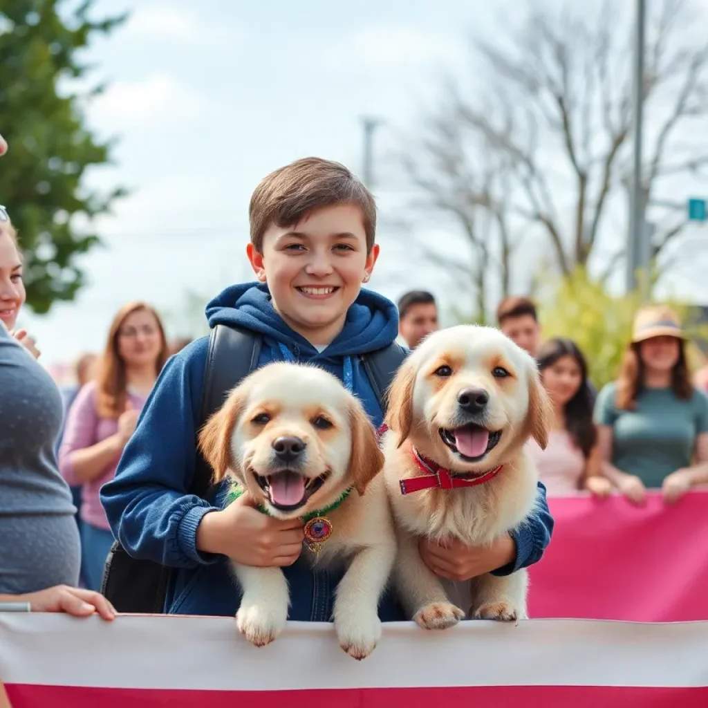 A teen celebrating recovery from a bike accident at a parade with a therapy dog.