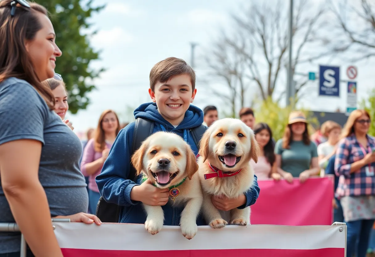 A teen celebrating recovery from a bike accident at a parade with a therapy dog.