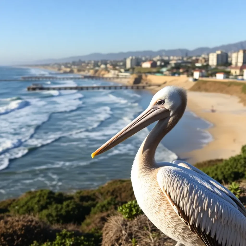 Brown pelican soaring over Huntington Beach