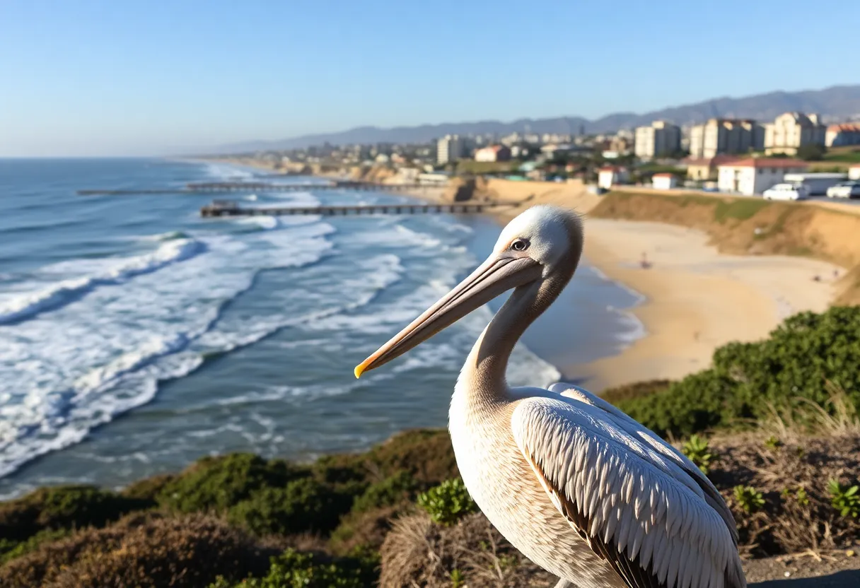 Brown pelican soaring over Huntington Beach