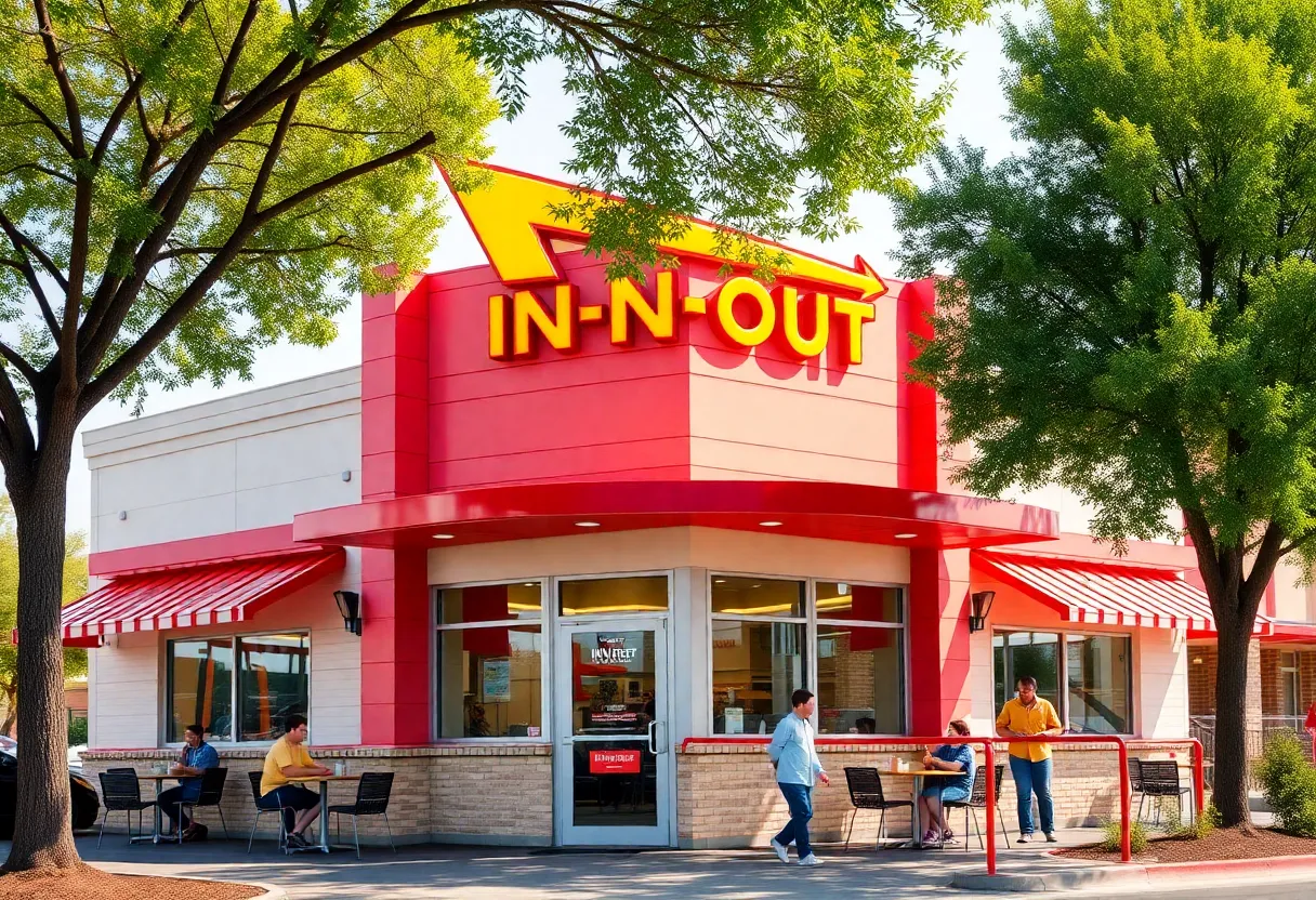 In-N-Out Burger restaurant facade with customers outside
