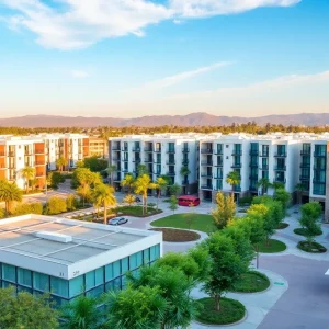 A vibrant residential area in Irvine, California filled with greenery and modern apartment buildings.