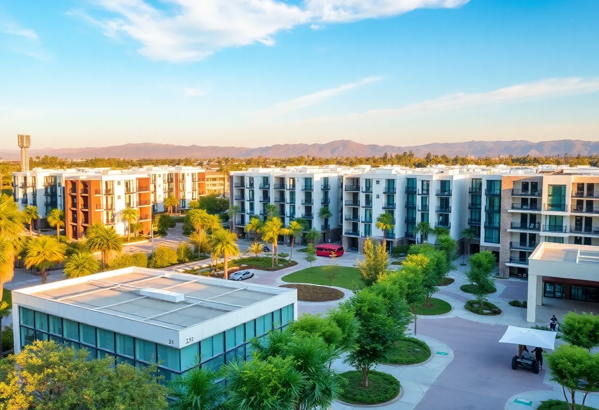 A vibrant residential area in Irvine, California filled with greenery and modern apartment buildings.