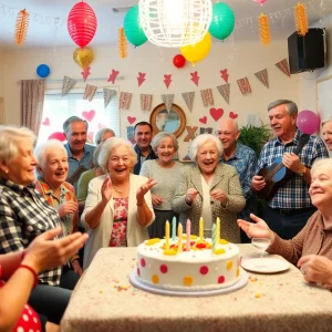 Guests celebrating Jo Hamann's 105th birthday, with festive decorations and an Elvis impersonator.