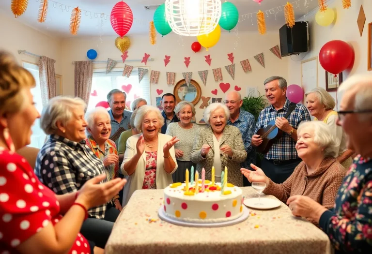 Guests celebrating Jo Hamann's 105th birthday, with festive decorations and an Elvis impersonator.