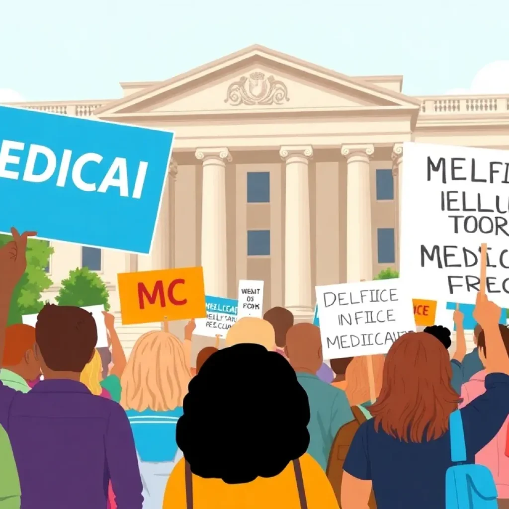 Protesters rallying against Medicaid cuts outside a government building.