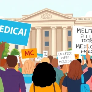 Protesters rallying against Medicaid cuts outside a government building.