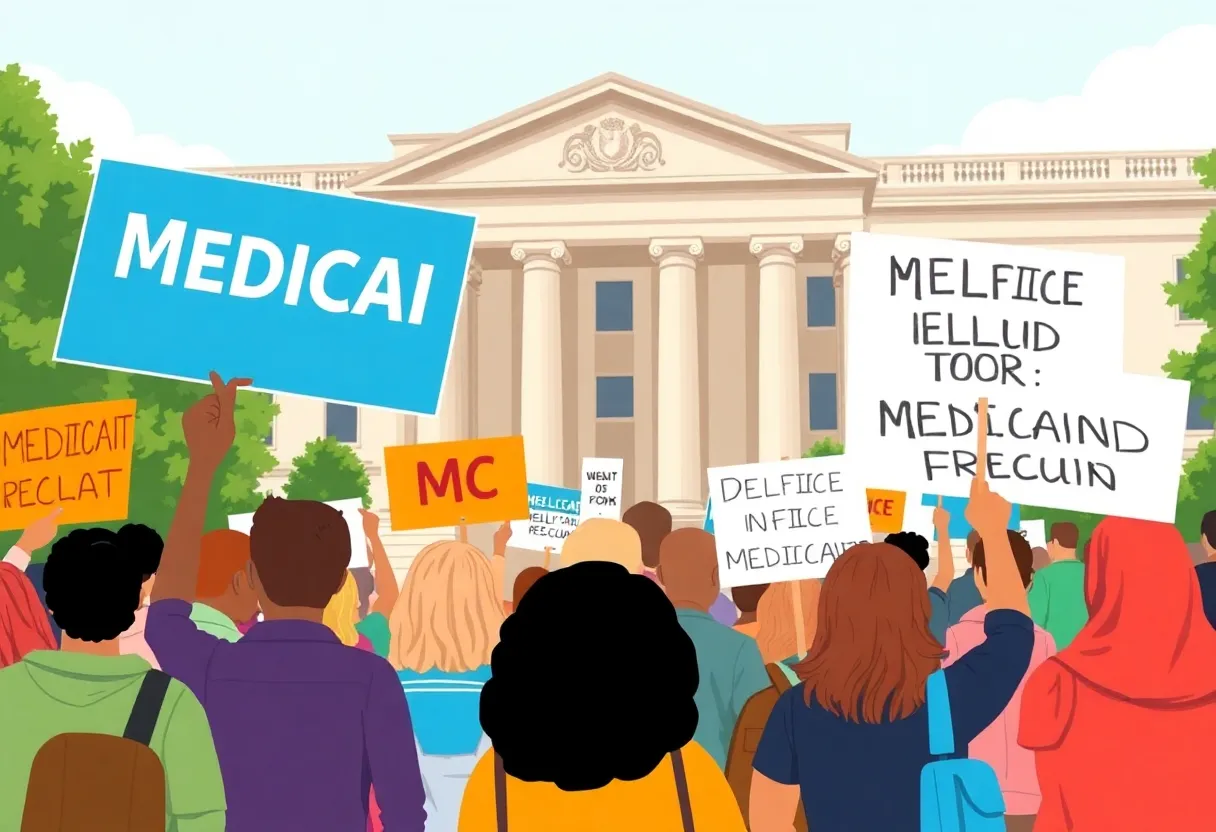 Protesters rallying against Medicaid cuts outside a government building.