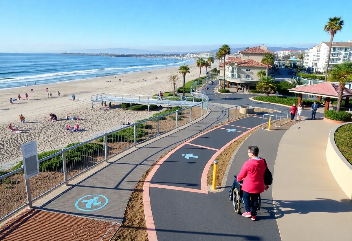 View of Newport Beach showcasing accessibility features for beachgoers.