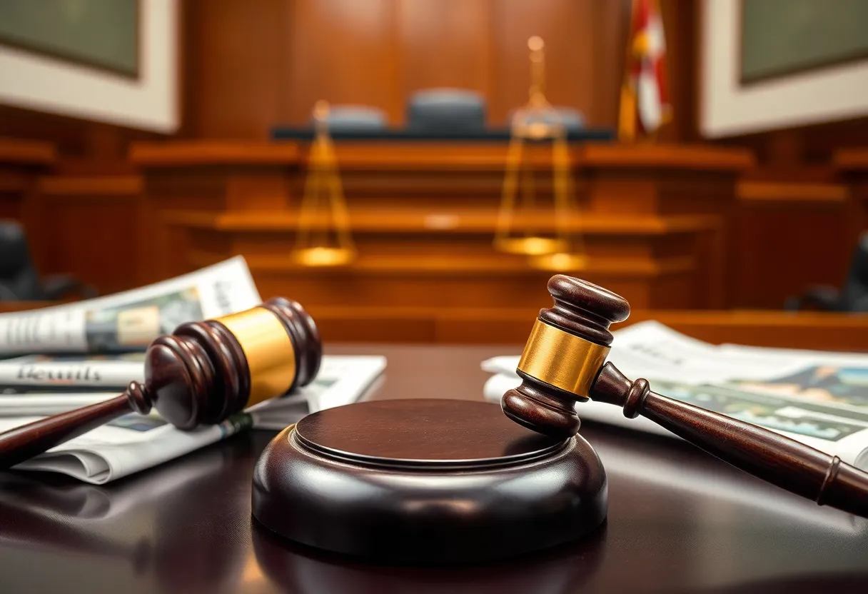 Illustration of a courtroom representing a lawsuit between a political figure and a media outlet.
