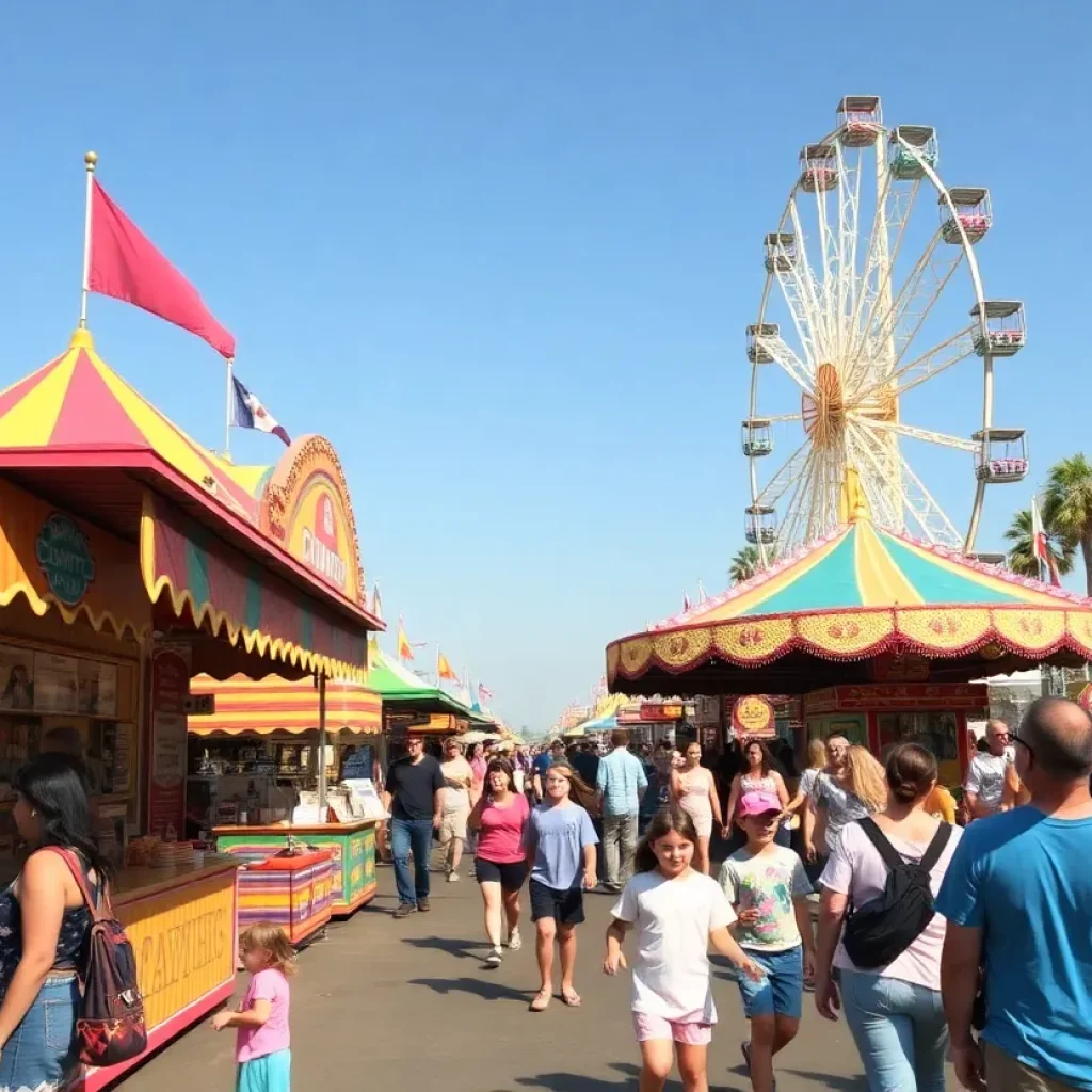 Family enjoying the Orange County Fair with large rides and food stalls
