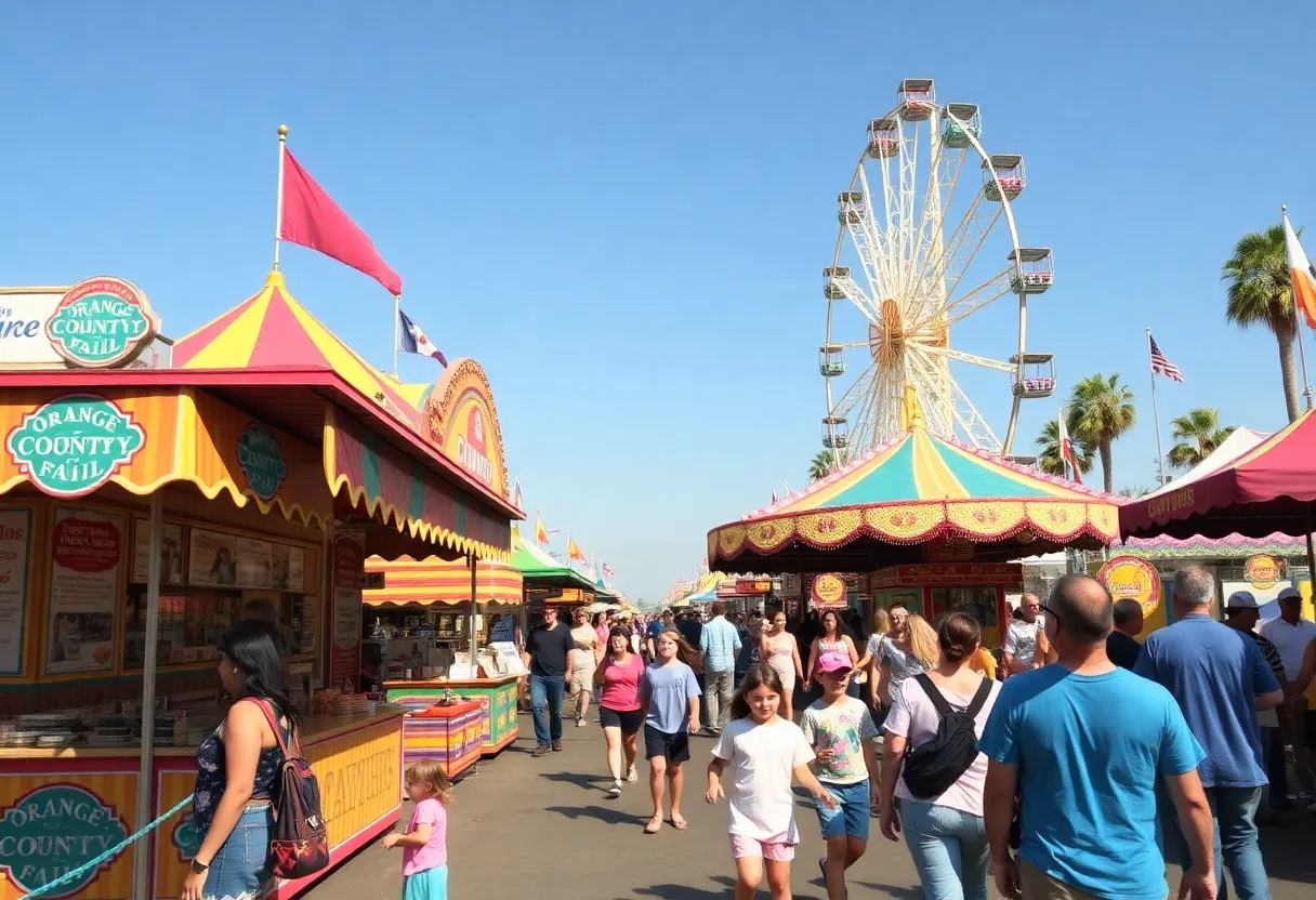 Family enjoying the Orange County Fair with large rides and food stalls