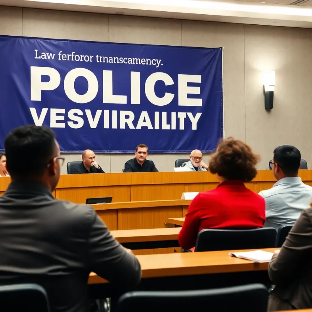 Community members at a city council meeting discussing law enforcement transparency