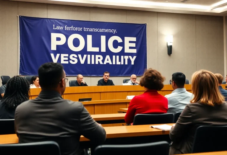 Community members at a city council meeting discussing law enforcement transparency
