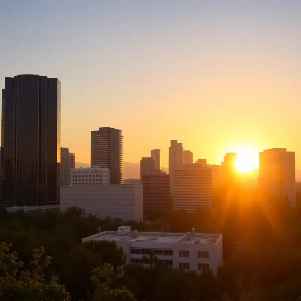 Skyline of an Orange County city at sunset