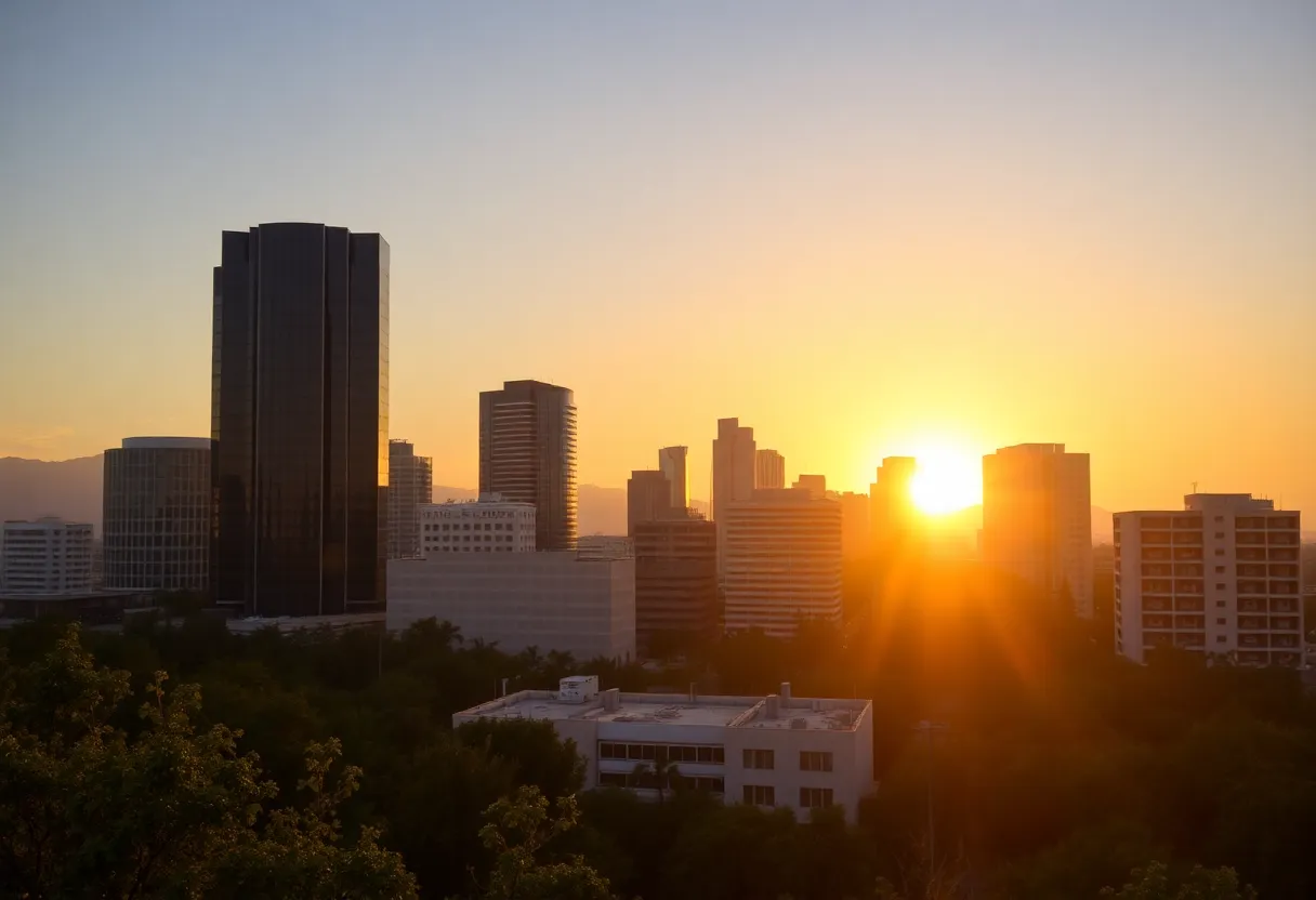 Skyline of an Orange County city at sunset