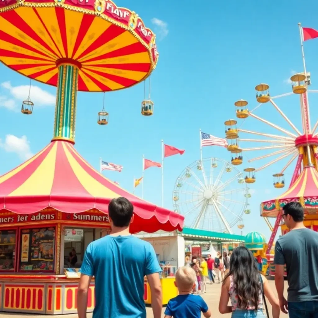 Summer fair attractions with rides and food stalls in Costa Mesa