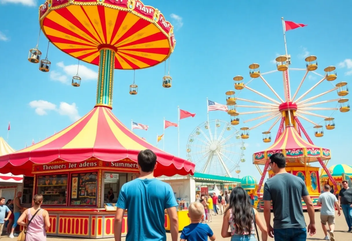 Summer fair attractions with rides and food stalls in Costa Mesa