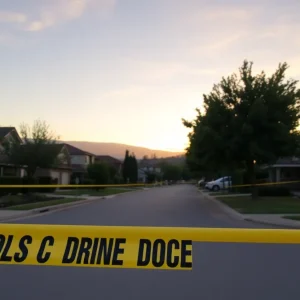 Police tape in an Orange County neighborhood signifying a recent shooting incident.