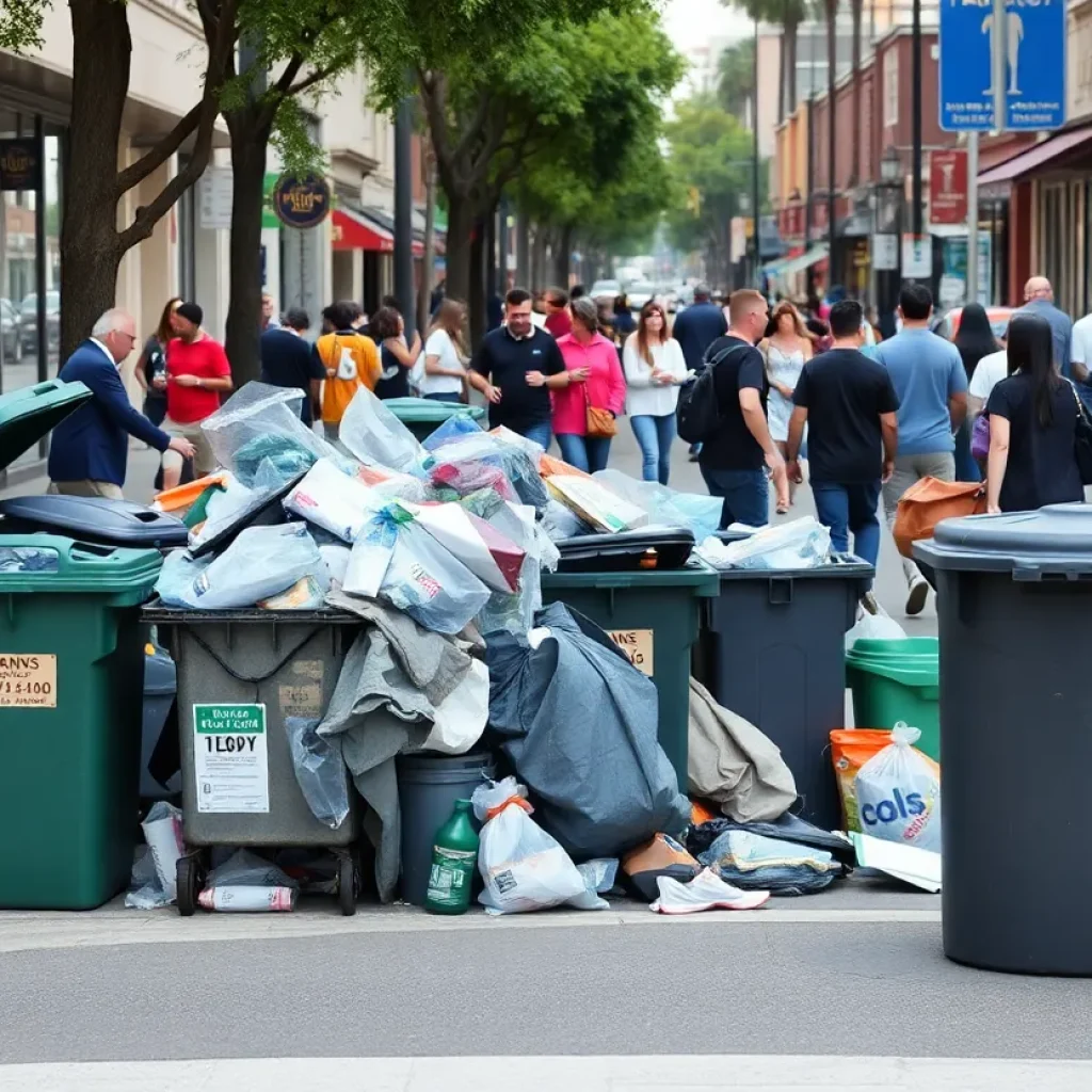 Overflowing trash bins on a street in Orange County