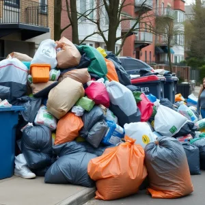 Overflowing trash bins on a street in Orange County