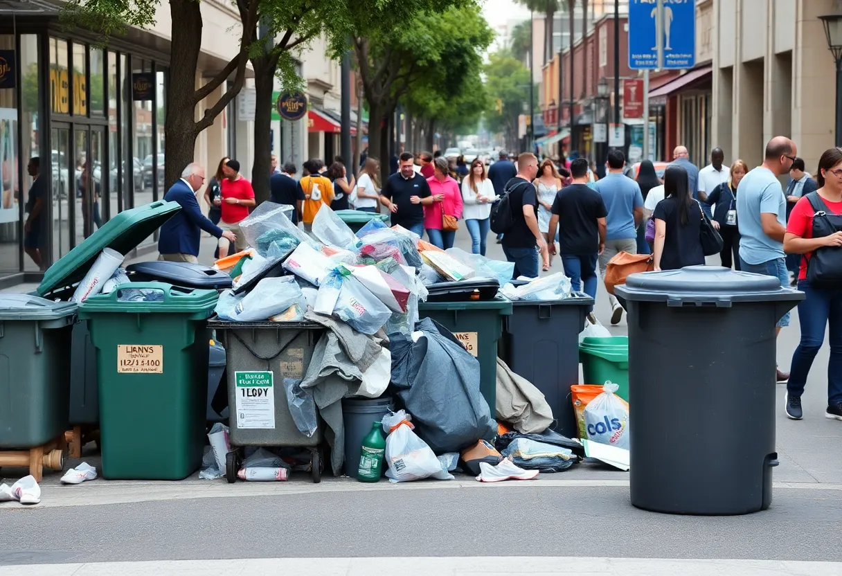 Overflowing trash bins on a street in Orange County