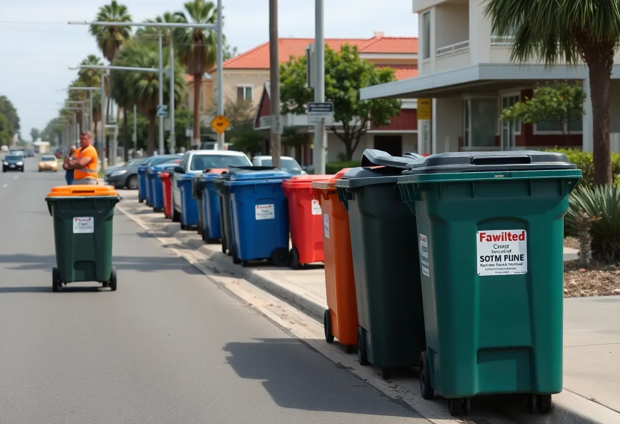 Trash bins on a curb in Orange County due to delayed collection