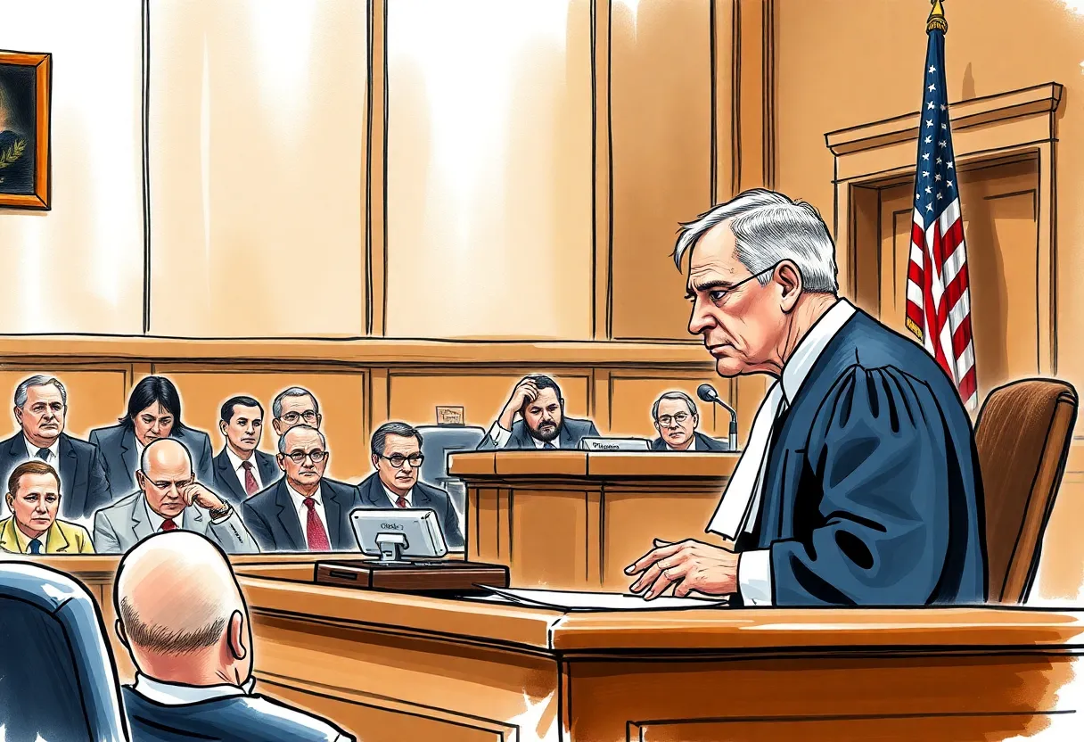 A judge addressing the courtroom about public corruption issues