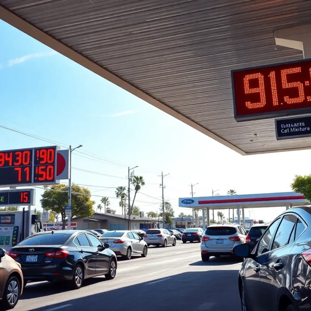 A busy California gas station showing rising gas prices