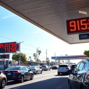 A busy California gas station showing rising gas prices