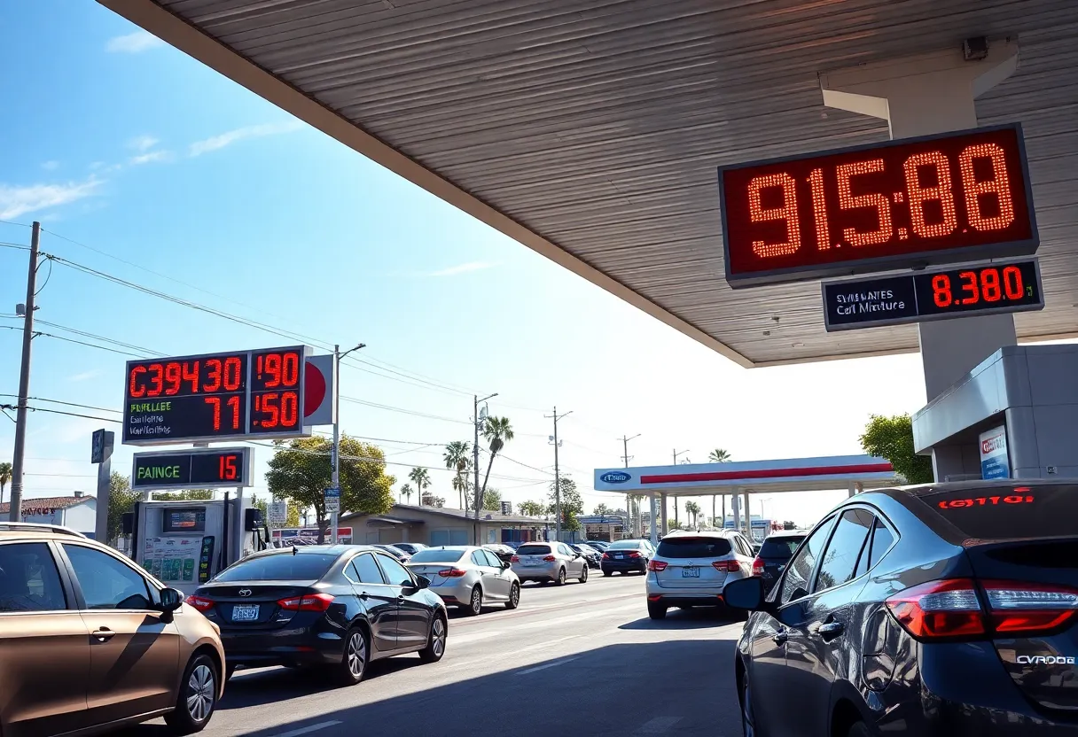 A busy California gas station showing rising gas prices