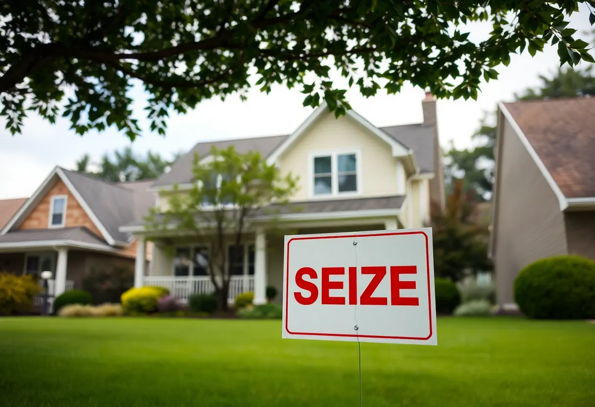 Suburban house with a 'Seized' sign indicating federal action.
