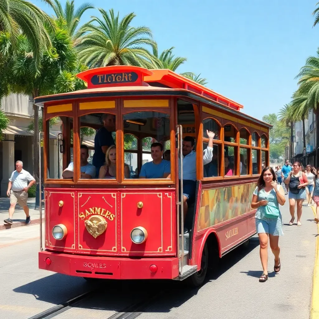 Colorful trolley in South Orange County on a sunny day