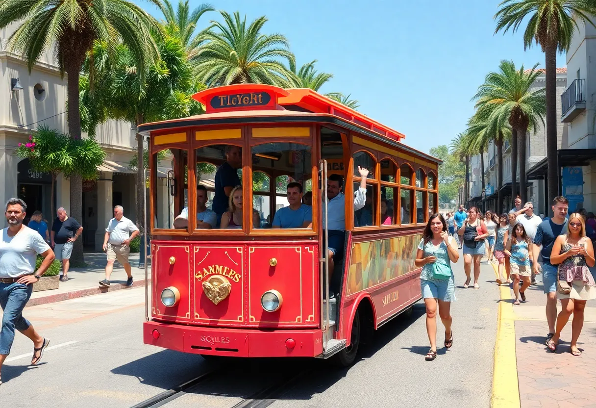 Colorful trolley in South Orange County on a sunny day