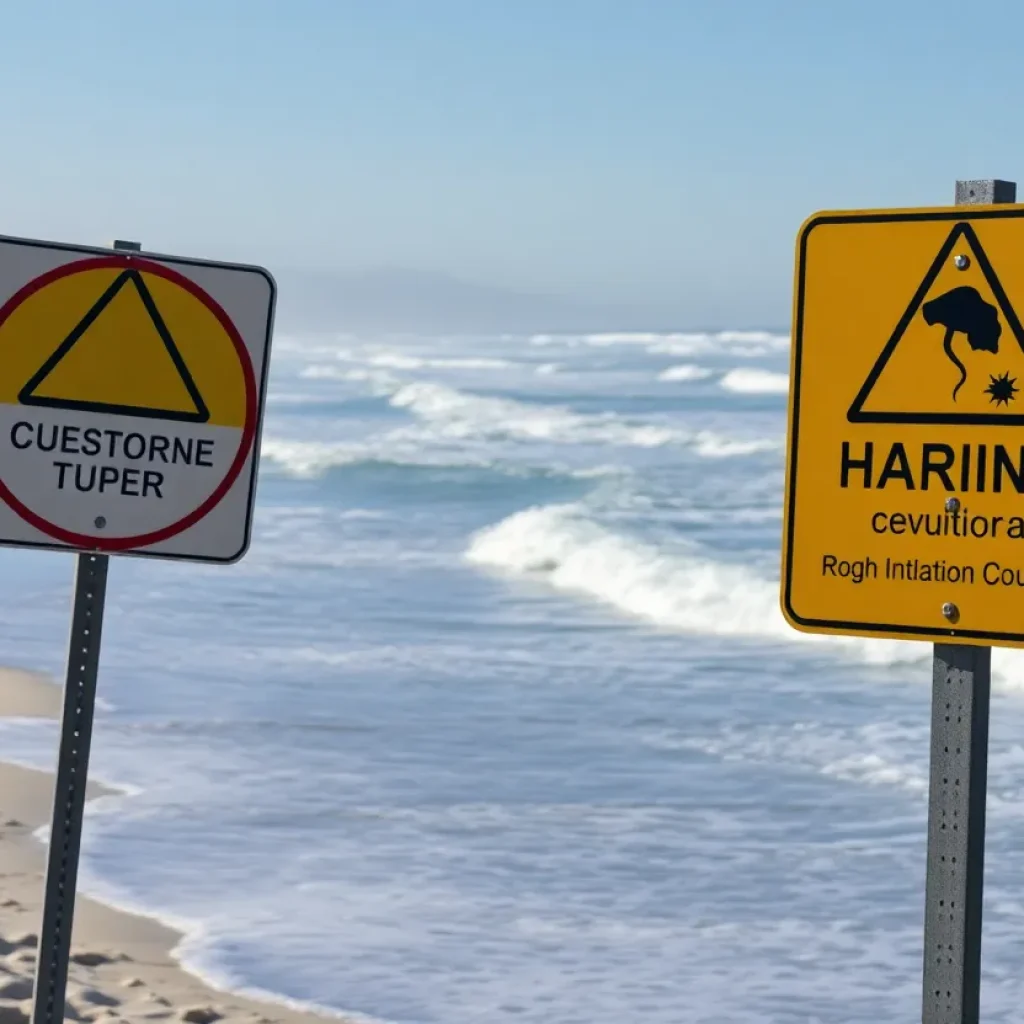 Warning signs at Southern California beach indicating hazardous surf conditions