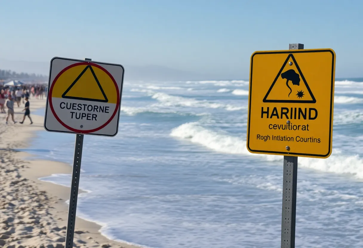 Warning signs at Southern California beach indicating hazardous surf conditions