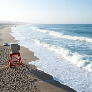 High waves at a Southern California beach under a beach hazards statement
