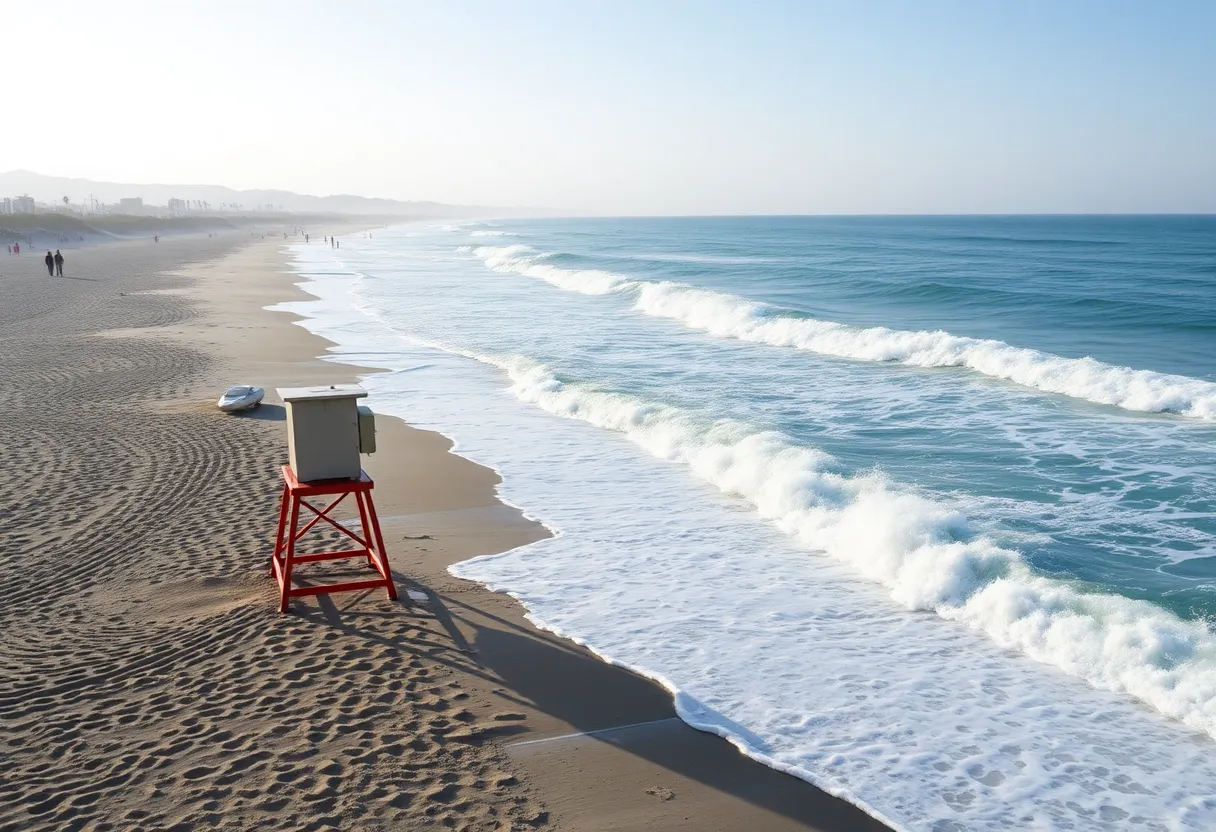 High waves at a Southern California beach under a beach hazards statement